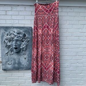 Aztec Maxi Skirt Foldover Waist-Salmon/Plum/Black